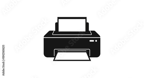 A stark black and white depiction of a modern office printer showcasing its simple form silhouette