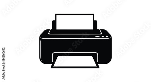 A stark black outline of a modern office printer clearly defined as a silhouette