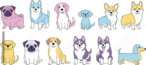 Collection of cartoon dogs in various pastel colors and breeds sitting and standing