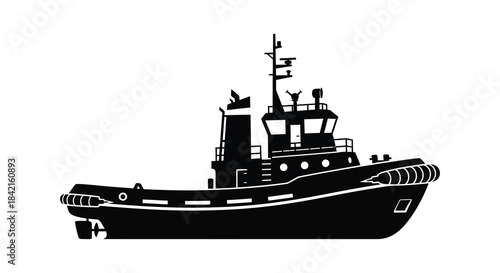 Detailed black and white illustration of a powerful tugboat navigating the waters a striking silhouette