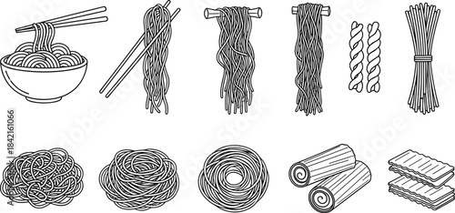 Collection of various noodle and pasta types in black and white line art noodles