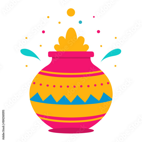 Vibrant illustration of a matka pot with colorful gulal splashes celebrating holi festival