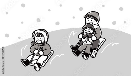 白い空、雪の中をソリで遊ぶ男の子と女の子のモノトーンイラスト