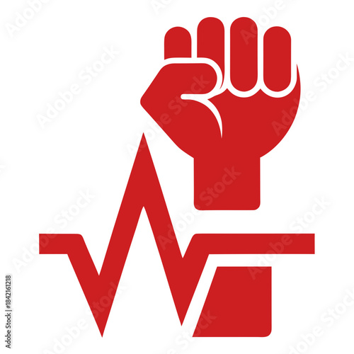 A dynamic red graphic combining a raised fist and a vital heartbeat line representing power and life