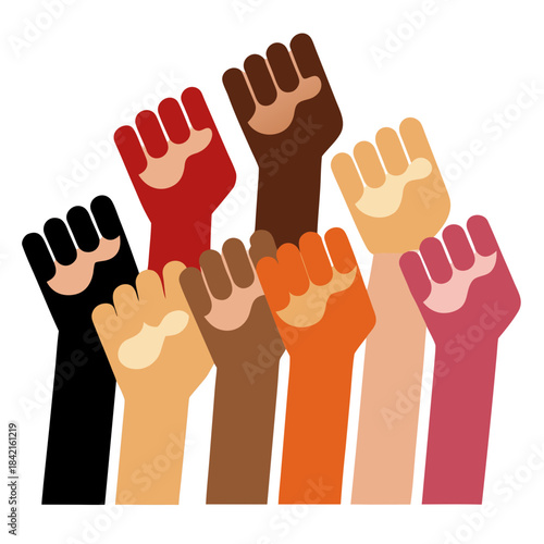 A diverse group of raised fists in unity and solidarity for social justice and empowerment