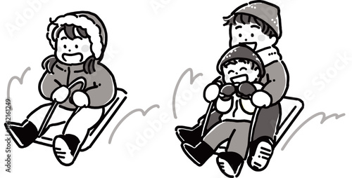 冬にソリで遊ぶ男の子と女の子のモノトーンイラスト