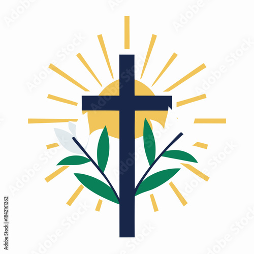A modern christian cross with sunburst and new growth, symbolizing faith and resurrection