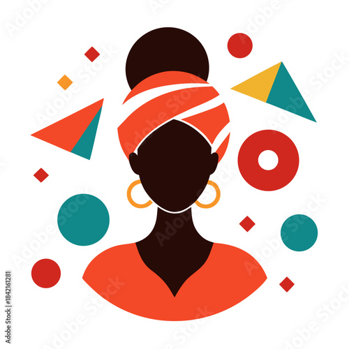 A vibrant illustration showcasing an empowered woman with a stylish headwrap and abstract elements surrounding her.