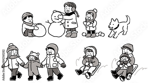冬の遊びのモノトーンイラストセット（雪だるま・スケート・ソリ）