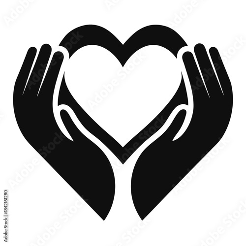 Black and white icon of hands carefully cradling a heart symbol, signifying protection, love, and health.