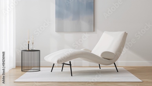 Contemporary interior scene with a modern lounge chair in a minimalist living room. Soft tones and clean aesthetics suited for lifestyle and decor themes.