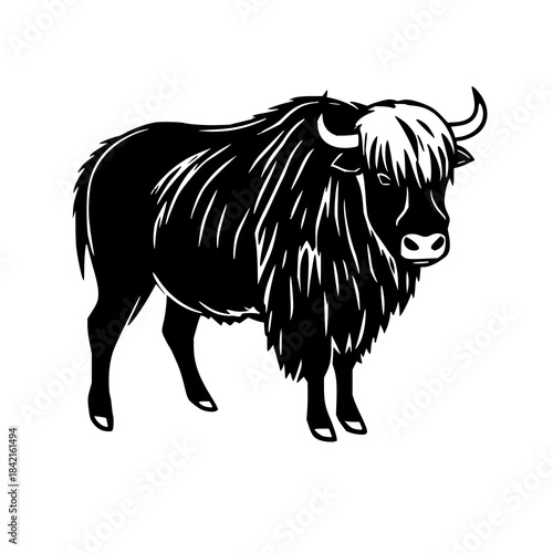 Clean black line art illustration of a yak standing in profile, featuring bold outlines and simple details. Ideal for icons, stickers, and minimalist design use.