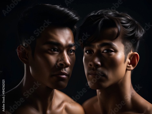 portrait of two young asian men with naked body.