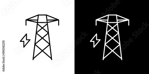 Minimalist line art icon representing an electrical transmission tower with lightning bolt, symbolizing power supply, energy infrastructure, and grid technology