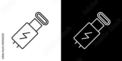 A simplistic line art illustration showcasing a stylized lightning bolt symbol on a compact electrical device against a contrasting background