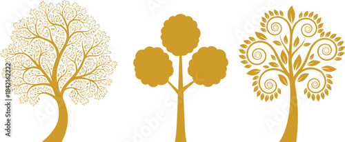 Three stylized golden trees with intricate branches and leaves on white background