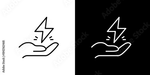 Single icon of hand holding lightning bolt symbol representing energy, power, and electricity in two distinct styles