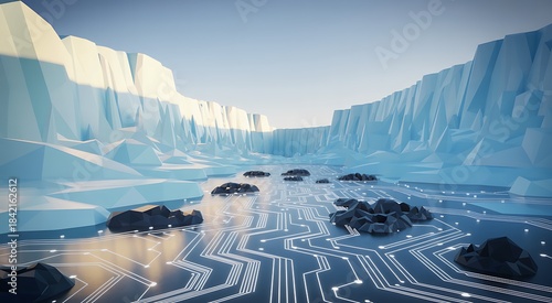 A conceptual blend of digital circuits and icy landscapes in a futuristic arctic environment