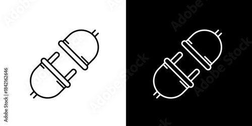 Single icon of two electrical plugs about to connect, one in black and white