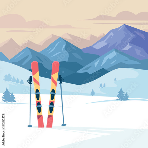 Red Ski Equipment with Snowy Mountain Resort Winter Landscape Illustration