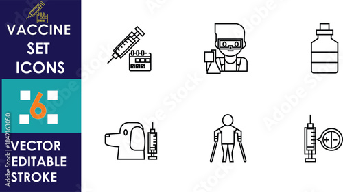 Minimal vaccine-themed vector icons including syringe, vials, doctor, medicine bottle, pet vaccination, patient, and injection symbols, presented in clean editable stroke style for design
