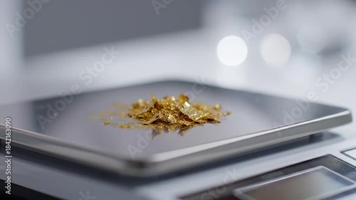 Human hand carefully places gold flakes onto a digital weighing scale for precise measurement of precious metal