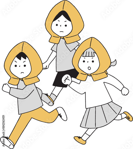 防災頭巾を被って走る子供達単色