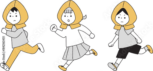 防災頭巾を被って走る子ども単色