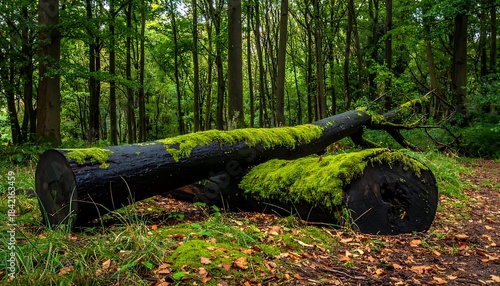 Moss-covered fallen log in lush forest with tall trees creates a vibrant and serene nature scene