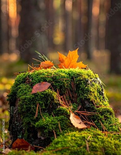 Moss-covered tree stump in a sunlit forest, adorned with fallen maple and birch leaves. Warm light and blurred background