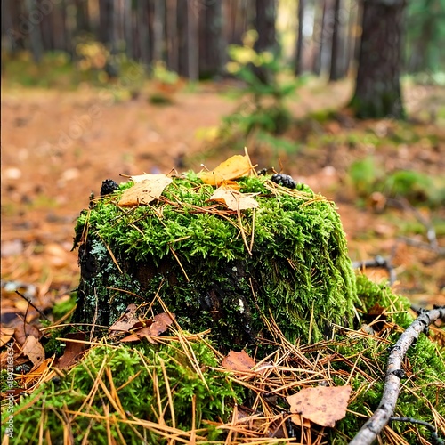Moss-covered tree stump with fallen leaves and pine needles in a forest setting on an overcast day