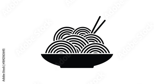 A minimalist depiction of a bowl filled with noodles presented as a striking silhouette