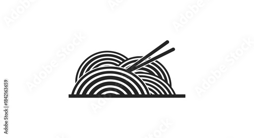 A stylized depiction of noodles and chopsticks presented as a bold black and white silhouette