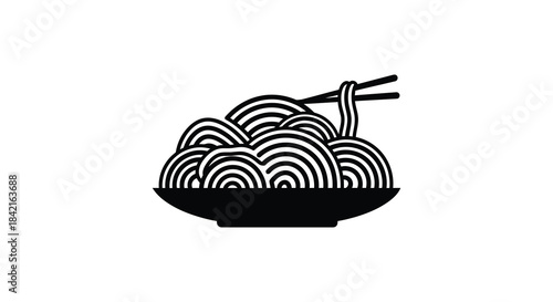 A striking graphic of noodle dish with chopsticks presented in a bold black and white silhouette