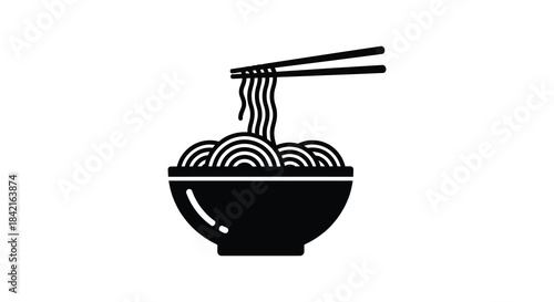 A simple graphic depiction of a bowl of noodles with chopsticks presented as a silhouette
