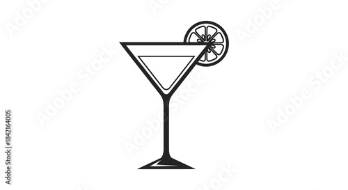 A black and white illustration of a classic martini glass with a citrus garnish silhouette