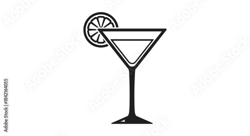 A striking black and white illustration of a classic martini glass with an orange slice silhouette