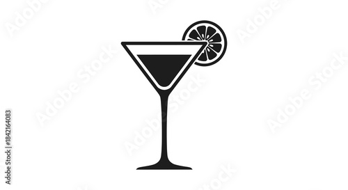 A striking image of a classic martini glass with a citrus slice rendered as a silhouette