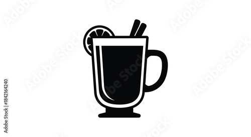 A simple black and white illustration of a hot drink in a glass with citrus silhouette
