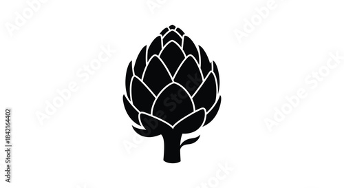 A striking black and white illustration of an artichoke showcasing its unique botanical form silhouette