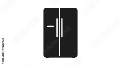 A minimalist black and white depiction of a modern french door refrigerator silhouette