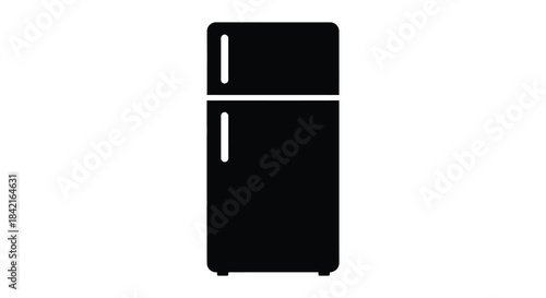 A black and white depiction of a modern refrigerator appliance in a flat style silhouette