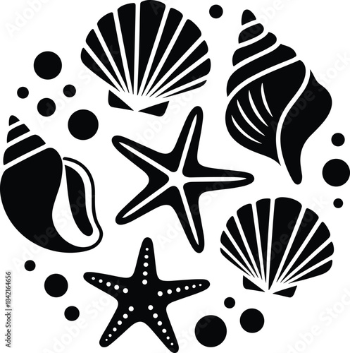 Black Sea Shell Mandala Vector Illustration – Starfish, Seashells, Nautical Circle Design