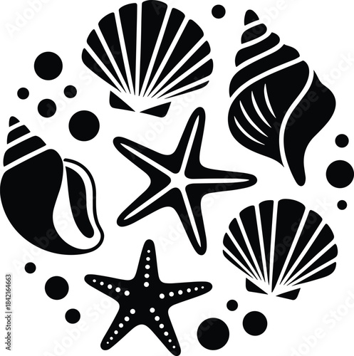Black Sea Shell Mandala Vector Illustration – Starfish, Seashells, Nautical Circle Design
