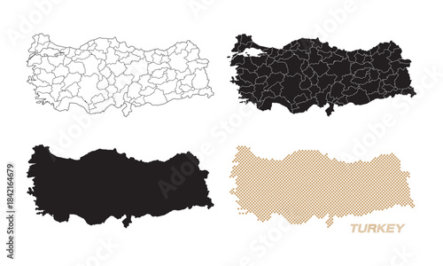 Maps of Turkey in various styles, with black and gold lines on a white background.