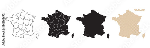 Maps of France in various styles, with black and gold lines on a white background.