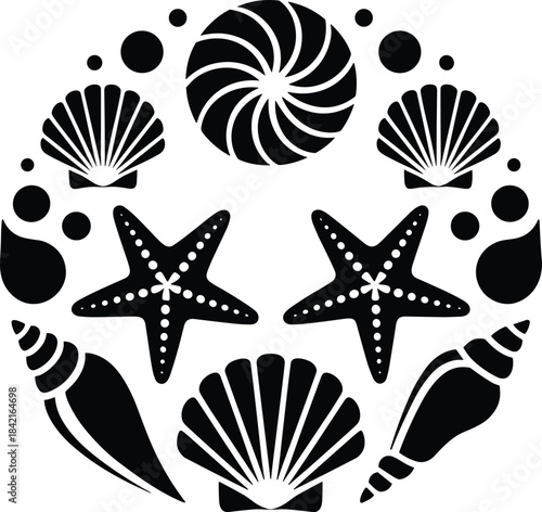 Black Sea Shell Mandala Vector Illustration – Starfish, Seashells, Nautical Circle Design