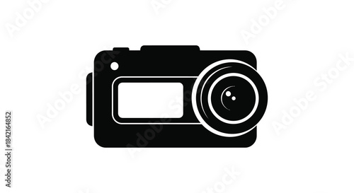 A striking black and white illustration of a classic digital camera design silhouette