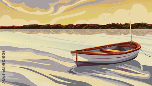 Vector Art of Small Wooden Boat on Shifting Beach Sands at Dusk
