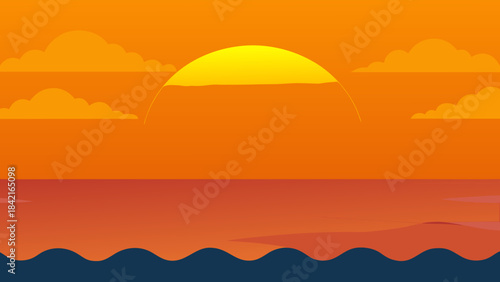 Minimalist Sunset over Ocean Horizon - Flat Design Vector